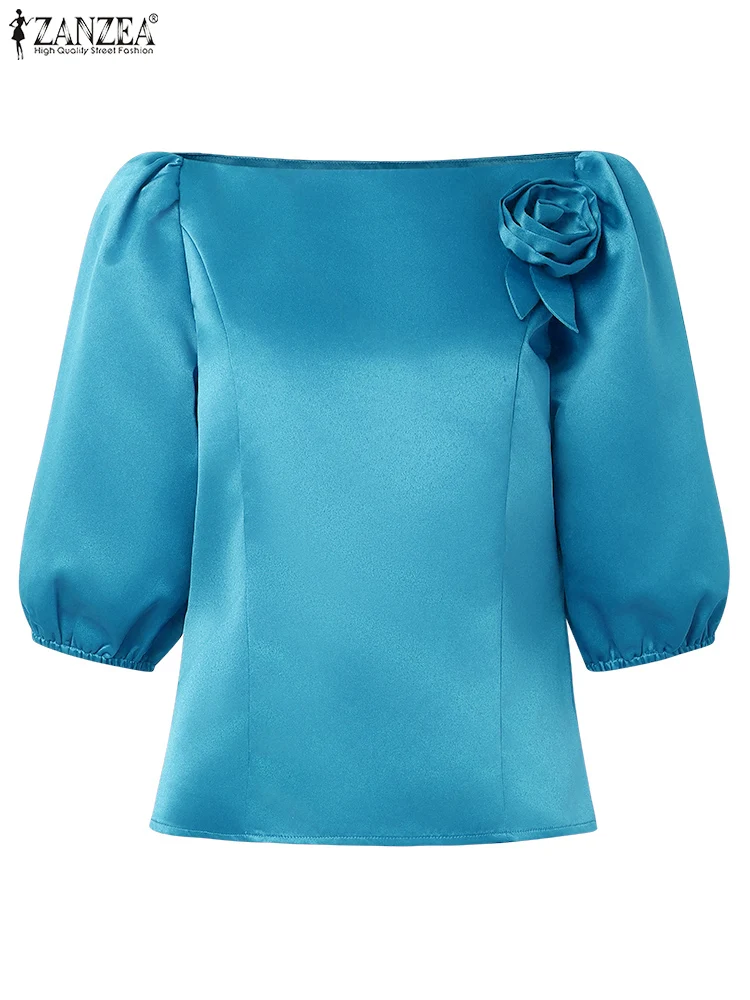 ZANZEA بلوزات نسائية أنيقة على شكل زهرة من القماش أنيقة برقبة قارب نصف كم منتفخة من الساتان Blusas Mujer 2025 قطع علوية متينة للتنقل في الخريف