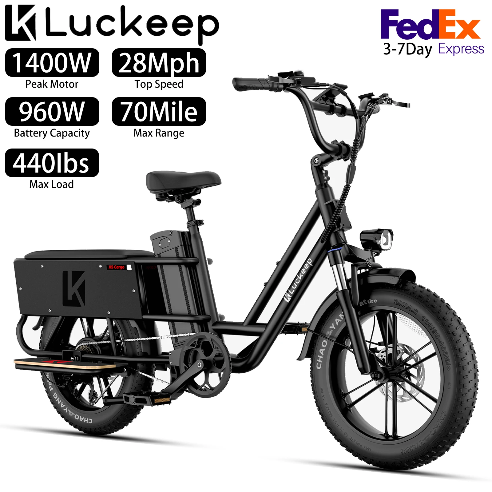 

Электрический грузовой велосипед Luckeep X5 20x4 дюйма, пик 1400 Вт, 960 Втч, верхняя часть 28 миль, максимальная нагрузка 70 миль, максимальная нагрузка 440 фунтов, грузовой пригородный электрический велосипед