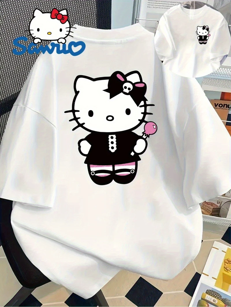 

Sanrio Official Hello Kitty T-shirt - Cute Pink Bow with Hello Kitty Facial Print Cotton Comfortable Casual Loose Short Sleeve