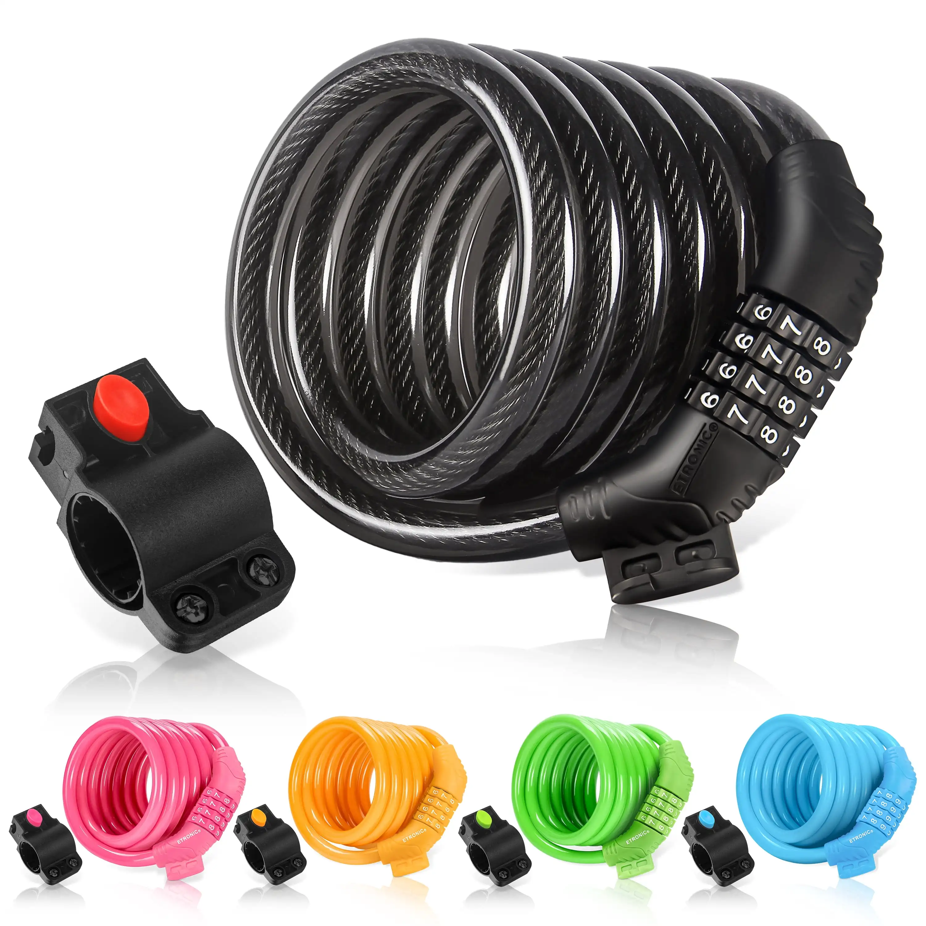 M6 Bike Cable Lock, 6 ft Resettable Combination Bicycle Lock with Mounting Bracket, Black