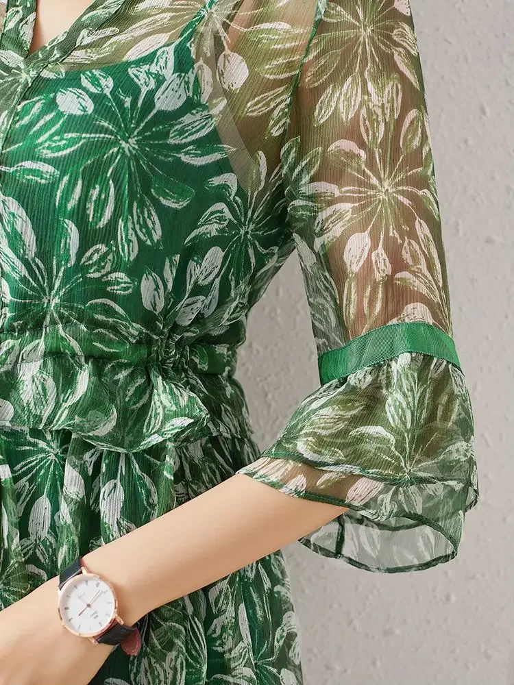 Floral Silk Dress Vintage Dress V-neck Sexy Summer Dress Women Clothing Green Elegant Suspender Dresses Vestidos De Mujer Zm635