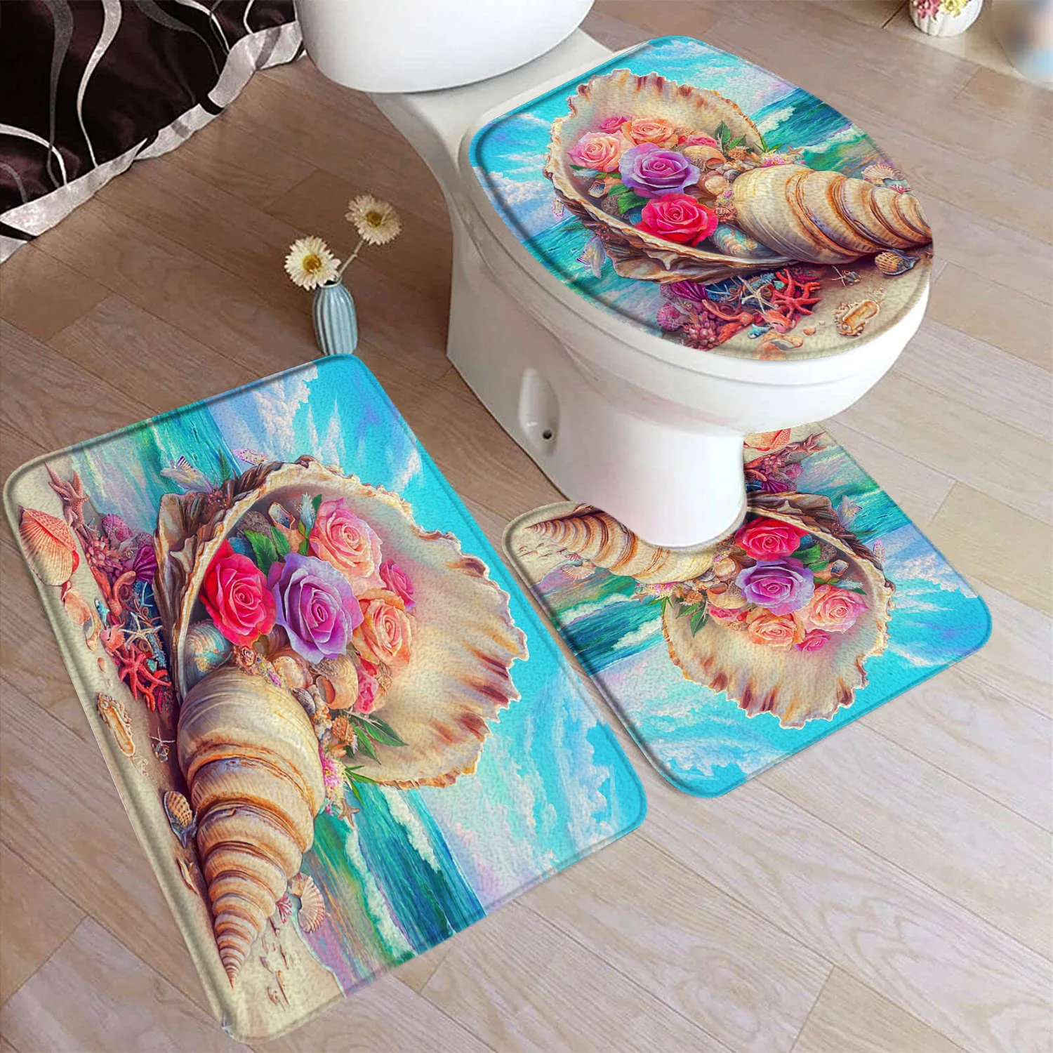 

Beach Floral Conch Bath Mat Set Watercolour Rose Flowers Shells Starfish Ocean Waves Scenery Bathroom Decor Rugs Toilet Cover