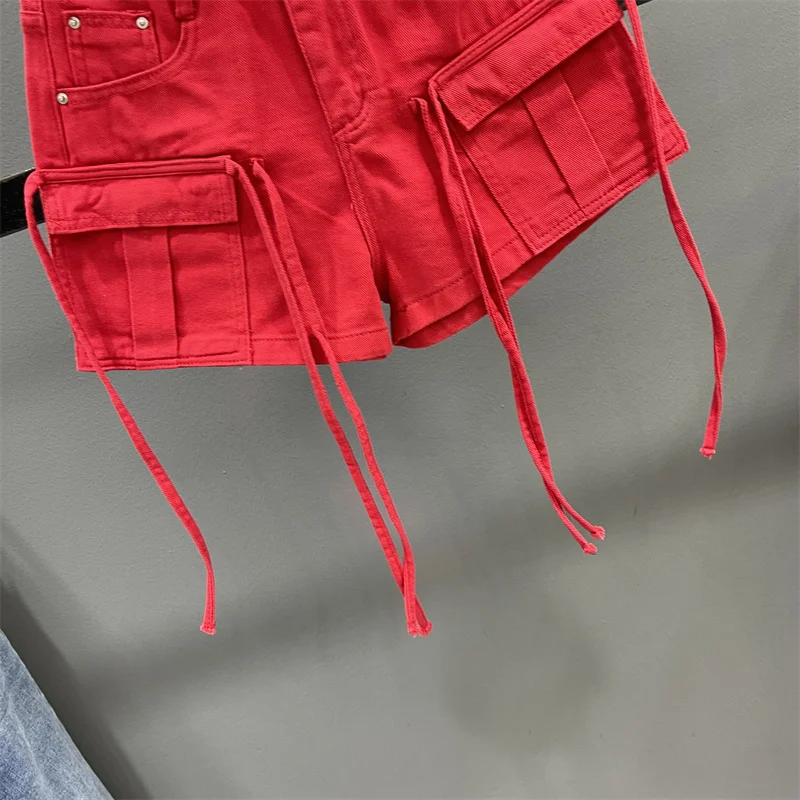 Red Cargo Shorts Patchwork Women High Waist Pockets Tassels Wide Leg Denim Shorts 2024 Summer New Fashion Streetwear Casual