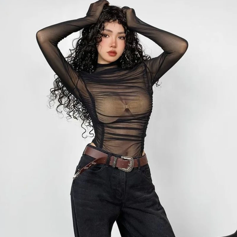 Camiseta feminina de manga comprida vintage, manga comprida, manga comprida, manga fina, manga alta, Y2K, top chique, primavera, verão