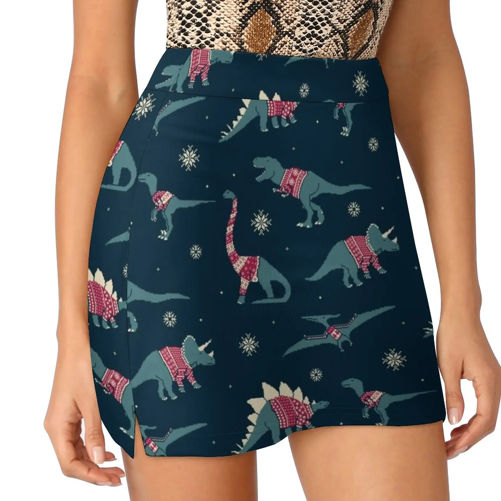 Dinos In Sweaters Women's skirt Mini Skirts A Line Skirt With Hide Pocket Xmas Christmas Dino Dinosaurs Festive Pixel Holiday