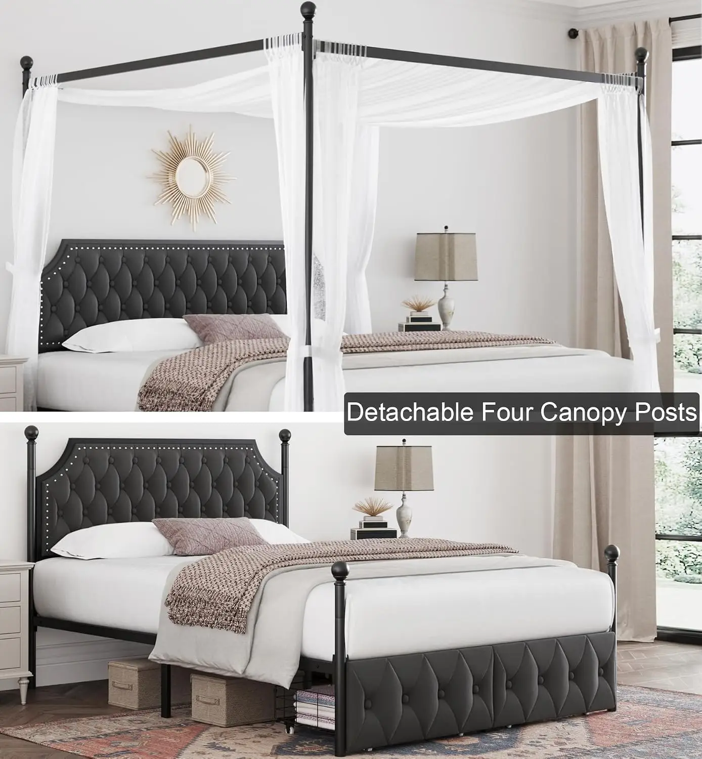 Queen Canopy Bed Frame with Storage Drawers & Tufted Headboard, Metal Platform 4 Posts, Velvet Bed, Dark Grey, Customized view 4