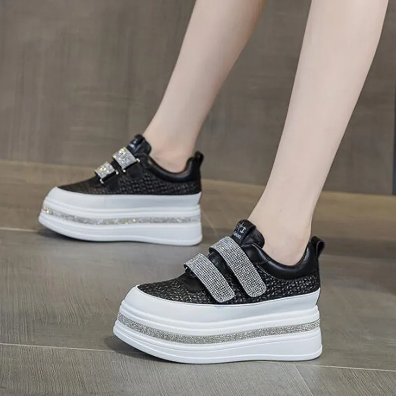 

7.5cm Fsahion Air Mesh Genuine Leather Chunky Sneaker Women Comfy 2026 Spring Autumn Bling Rhinestone Platform Wedge Ankle Boots