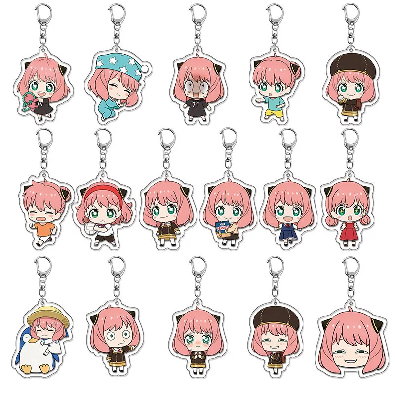 Lindo versión Q Anya Forger personajes de Anime llavero acrílico adornos Kawaii dibujos animados femenino corazón encanto joyería colgante llavero