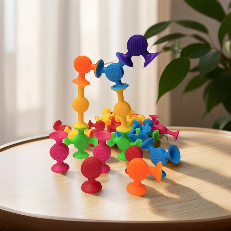 

19-40PCS Set Color Textured Suction Cup Building Blocks Set, DIY Stacking Construction Splicing Toy for Bath Travel Playroom