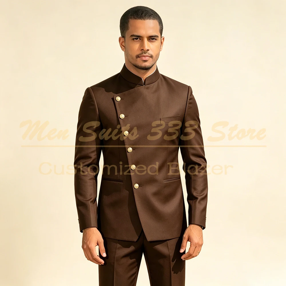

Tailor-Made Brown Men's Suits High Quality Single Breasted Stand Lapel Slim Fit Male Clothing Luxury 2 Piece Jacket Pants