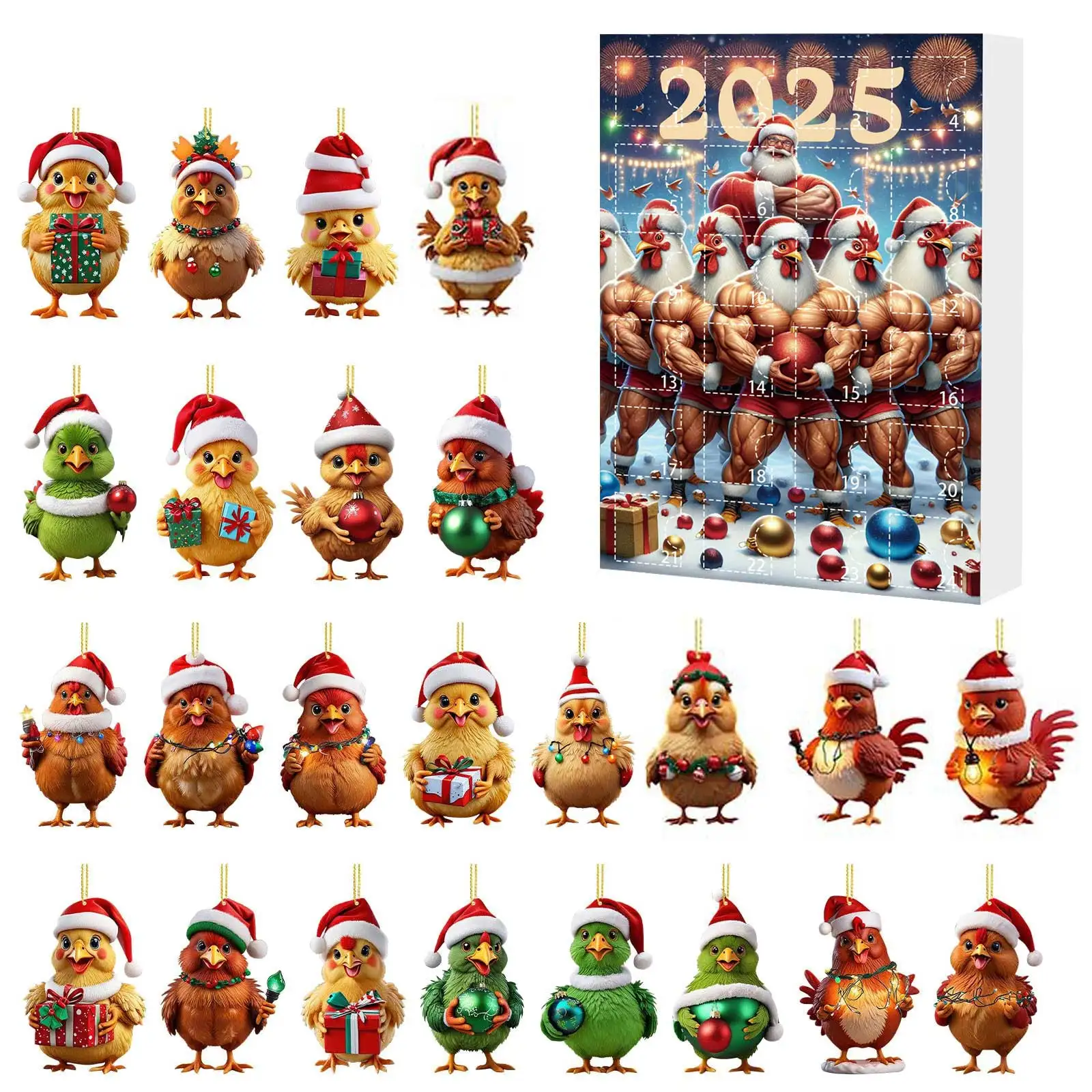 24 Hours Watch 2025 Christmas Countdown Calendar Mini Chicken Shaped Acrylic Flat Hanging Piece Holiday Countdown Calendar Adult