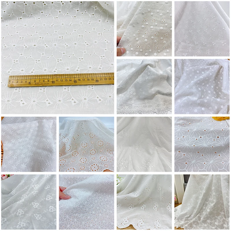 

Жаккардовая ткань из чистого хлопка с белым цветком, тонкая винтажная резная конструкция с отверстиями для шитья женских платьев, одежды ручной работы