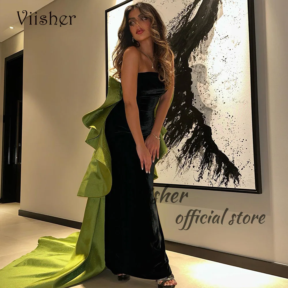 

Viisher Black Green Mermaid Evening Dresses with Skirt Strapless Tight Long Formal Prom Dress Dubai Arabia Evening Party Gowns