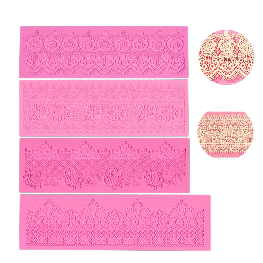 4 Pattern Fondant Lace Silicone Mat Texture Impression Mat Flower,Leaf Pattern Fondant Cake Decor Cupcake Topper Mold Mat