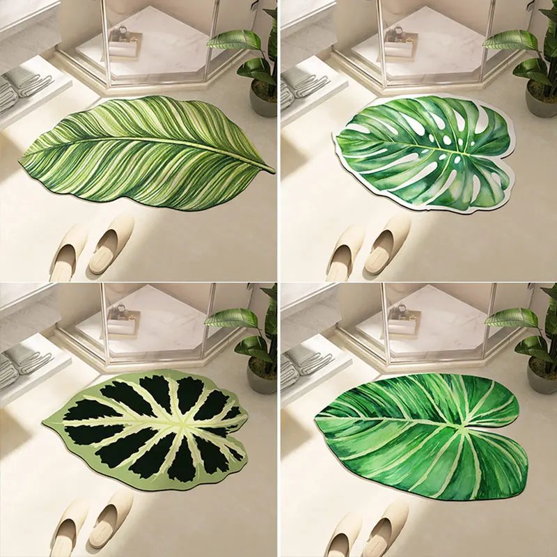 Green Leaf Bath Mat Absorbent Bathroom Floor Foot Mats Carpet Anti-Slip Room Rugs Toilet Shower Pad Entrance Door Mat