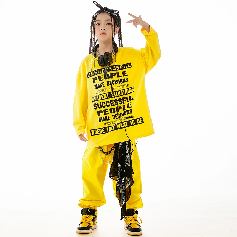 Bambini giallo a maniche lunghe pantaloni larghi vestito per ragazze Jazz abiti da ballo ragazzi moderni Hip Hop Performance Stage Wear DN16114