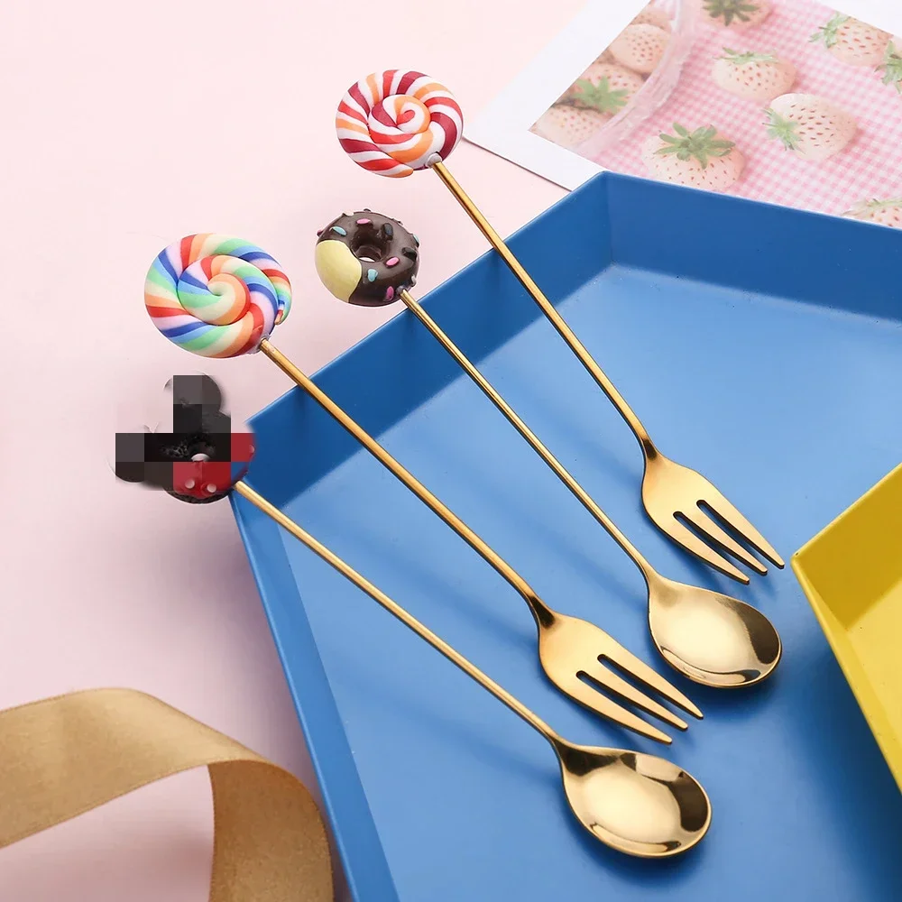 Edelstahl Löffel Gabel Nette Version Regenbogen Lollipop Donut Macaron Dessert Löffel Obst Gabeln Kinder Set Küche Zubehör