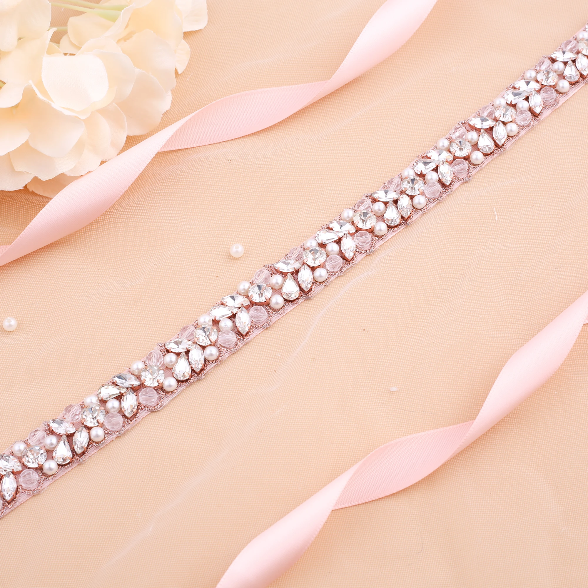 

NZUK Rose Gold Diamond Wedding Belt Rhinestones Bridal Sash Crystal Pearls Bridesmaid Belts For Wedding Gown