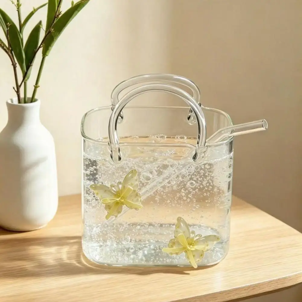 Purse Shaped Wine Glass, 750ml Handbag Cocktail Tumbler with Straw, Unique Glass Cup for Juice Soda, Creative Vase for Flowers