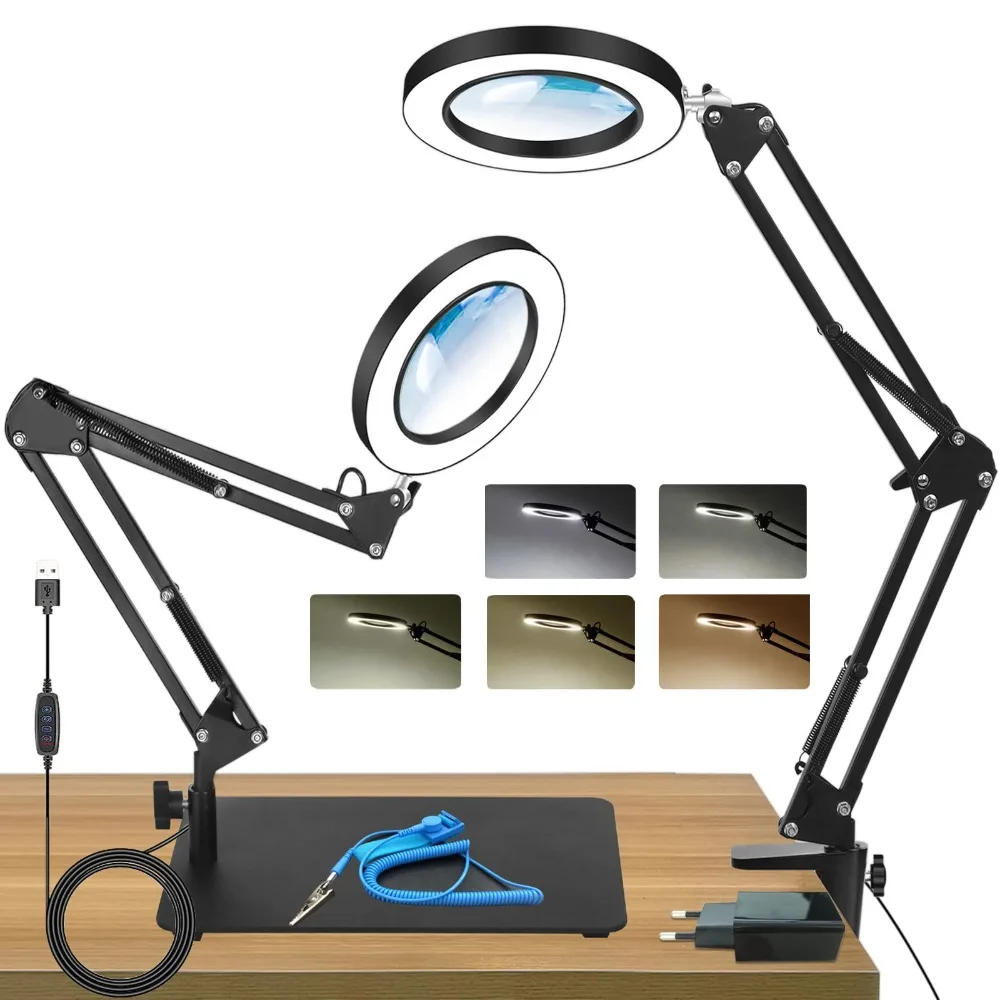 10-fache Vergrößerungs-LED-Schreibtischlampe mit Doppelhalterung, Basis & Klemme, 3 Farbtemperaturen, 10-stufig dimmbares Licht, Helle Lupenlampe für DIY, Handwerk, Stickerei, Kleingabendruck, Lesen