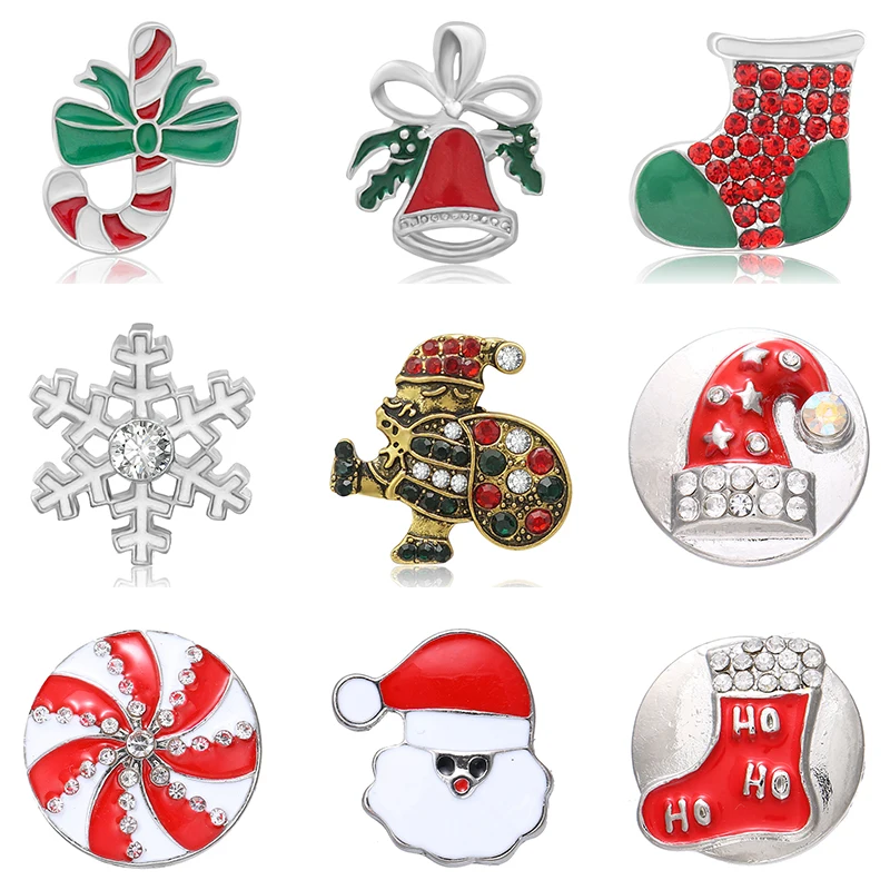 New Trendy Rhinestone Christmas Tree Santa Claus Bell Snowflake Hat Socks 18MM snap buttons for DIY snap jewelry Christmas Gift