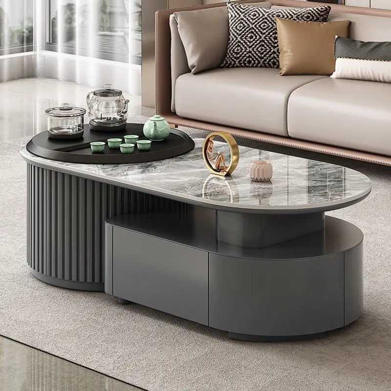 

Modern light luxury household rock slab tea table, living room tea making multi-functional telescopic solid wood Kung Fu tea tab