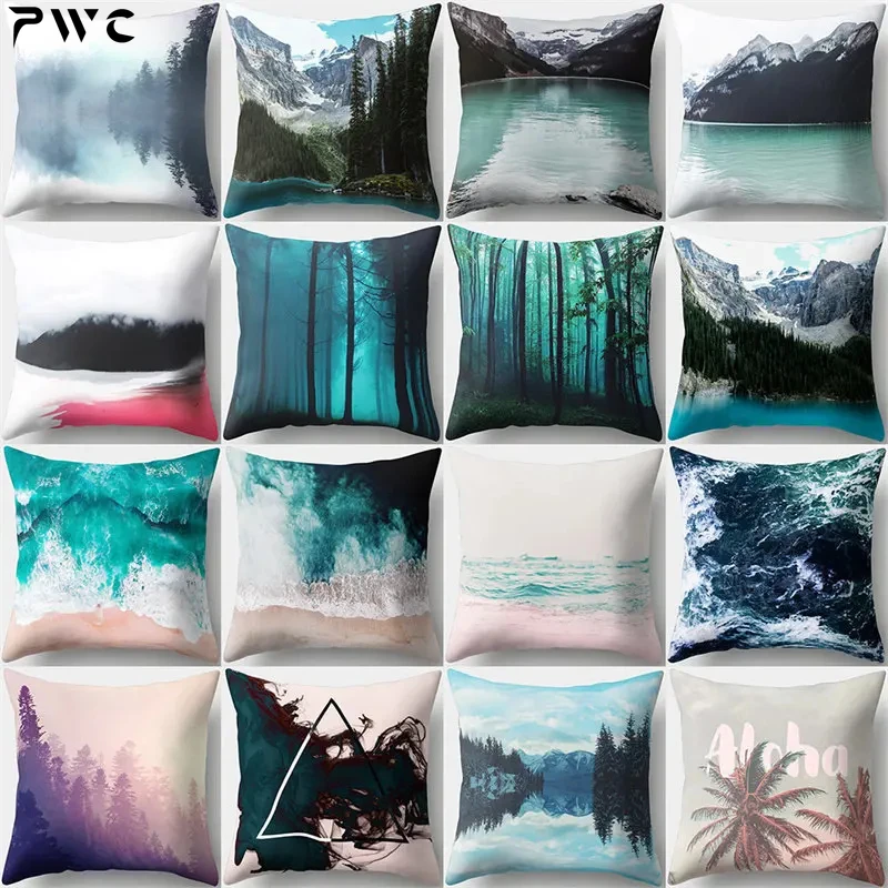 

45x45cm Mountain Lake Landscape Pillow Cases Waist Throw Sofa Home Decoration Forest Tree Cushion Cover Living Room Pillowcase