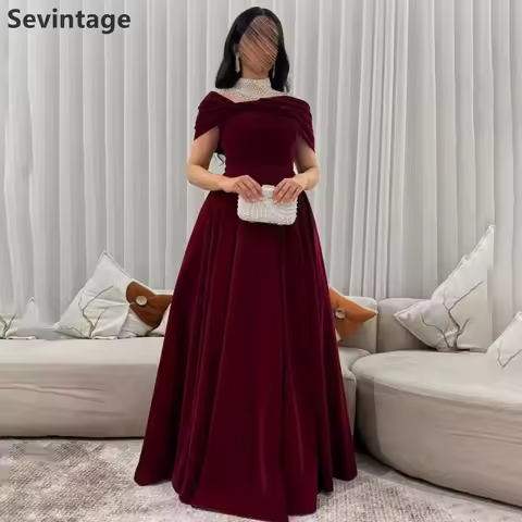 Sevintage 2025 Burgundy Velour A Line Evening Dress Pearls High Neck Prom Gown For Wedding Farmal Party Dress Customized
