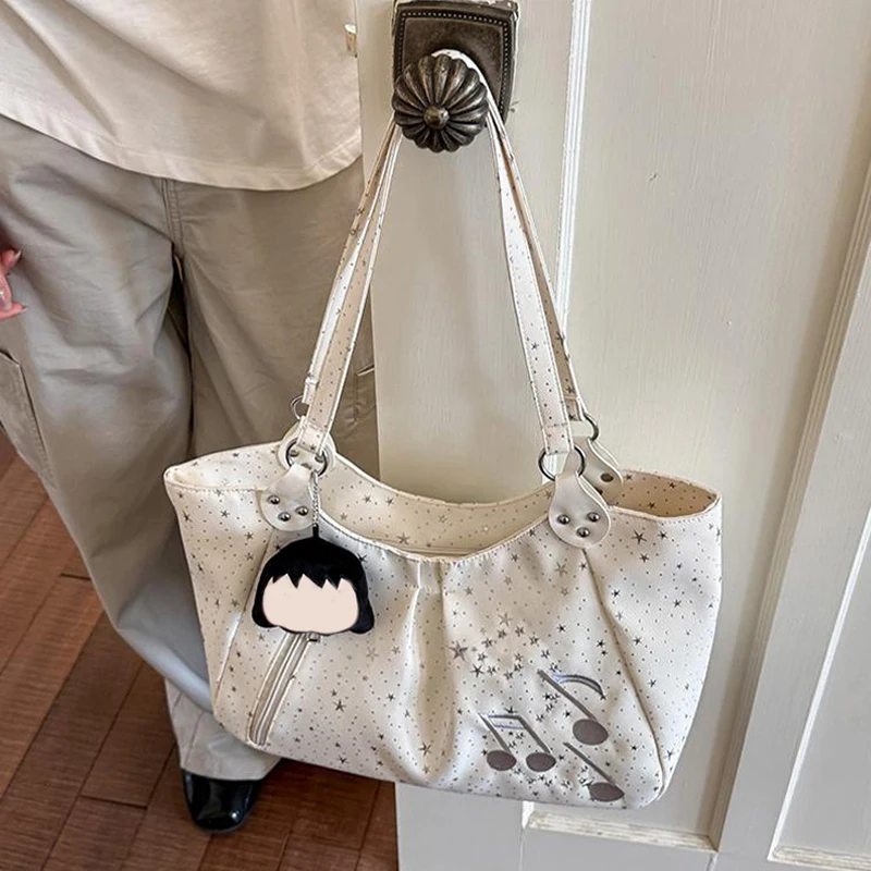 Handtasche mit seitlichem Reißverschluss und Musiknoten-Sternmuster, koreanische Nylon-Umhängetasche, süße, lässige, einfarbige Damen-Einkaufstasche für die Arbeit – Detail 7