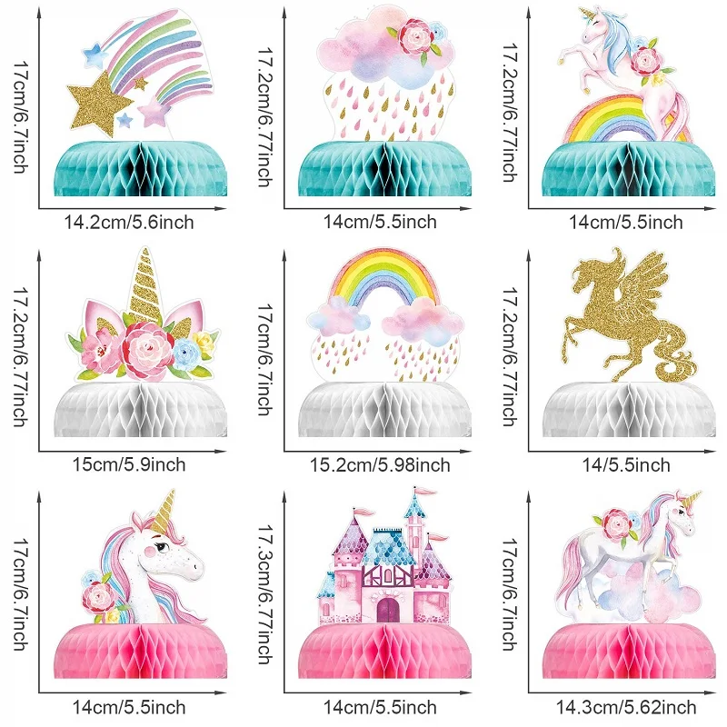 9Pcs Unicorn Rainbow Honeycomb Balls Table Decorations Honeycomb Paper Fan Set Birthday Party Baby Shower Decor Desktop Supplies