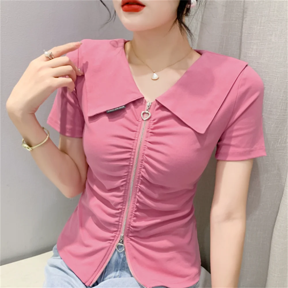 

Fashion zipper T-shirt women's short-sleeved doll collar blouse slim half-sleeved shirt