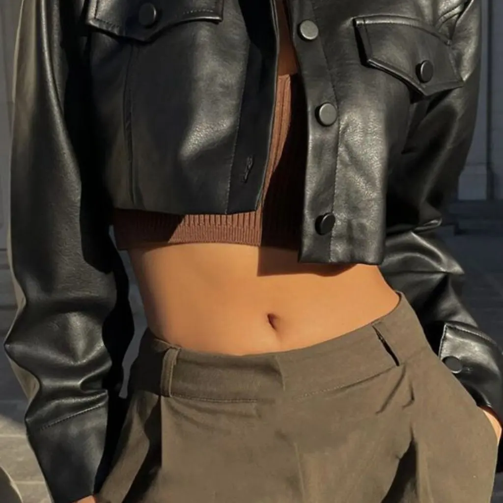 Damska seksowna kurtka z odkrytym pępkiem, zapinana na jeden guzik, w stylu europejsko-amerykańskim, jesienna odzież motocyklowa, popularna wśród hot girl.