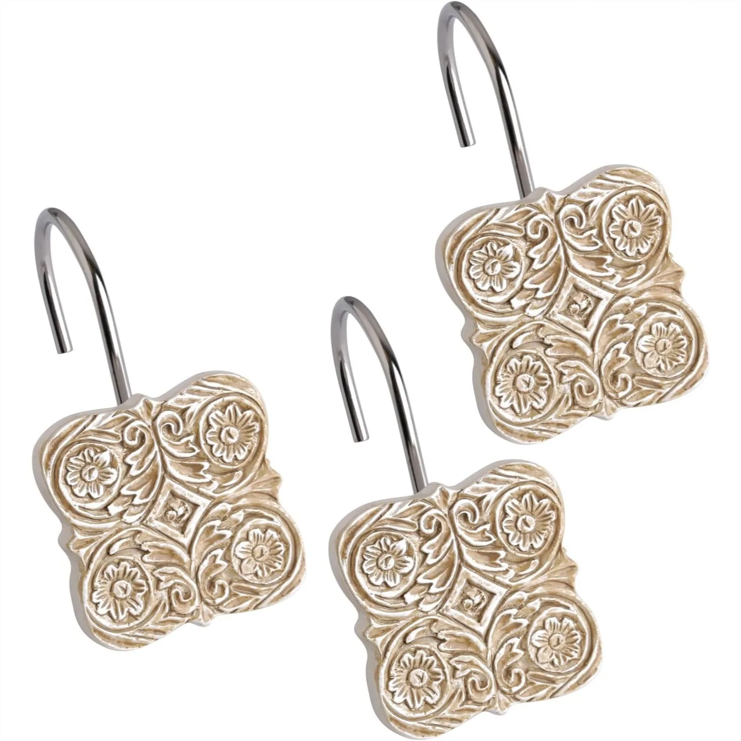 Beige Resin Shower Curtain Hooks Set of 12 with Scroll Floral Design Rust Proof for Smooth Gliding