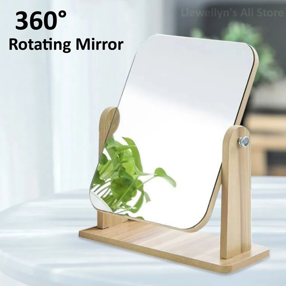 360 Degree Rotating Makeup Mirror Dresser Vanity Mirror With Natural Wood Stand Table Countertop Mirror Bathroom Bedroom Mirror