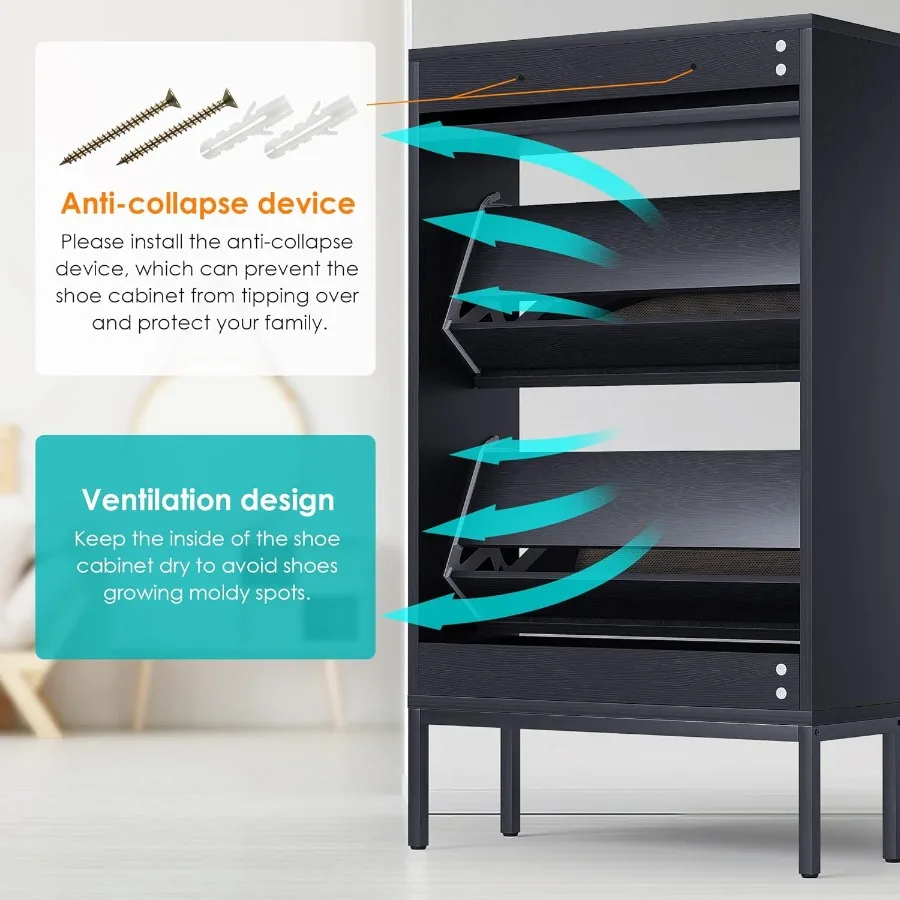 Organizador de armazenamento de sapato de entrada com 2 portas semicirculares naturais de rattan para tênis sapatos de couro saltos e chinelos co