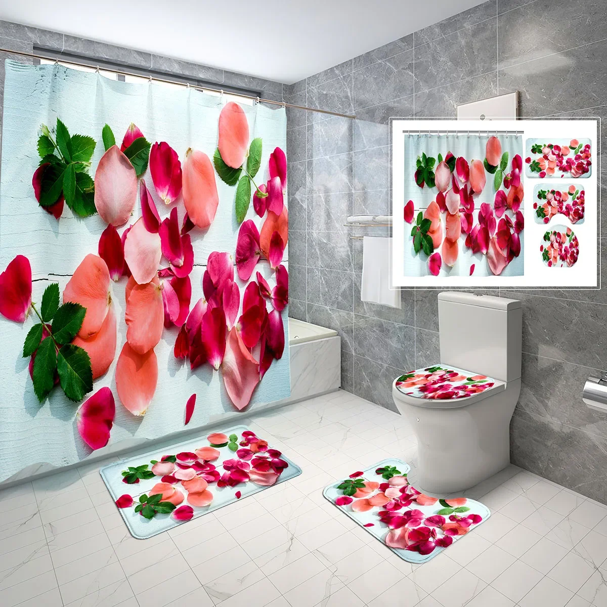 

4 PCS Petal Shower Curtain Sets,Simple Red Pink Petals Flowers Leaves Waterproof Bath Curtain,Non-Slip Bath Mat Toilet Cover Set