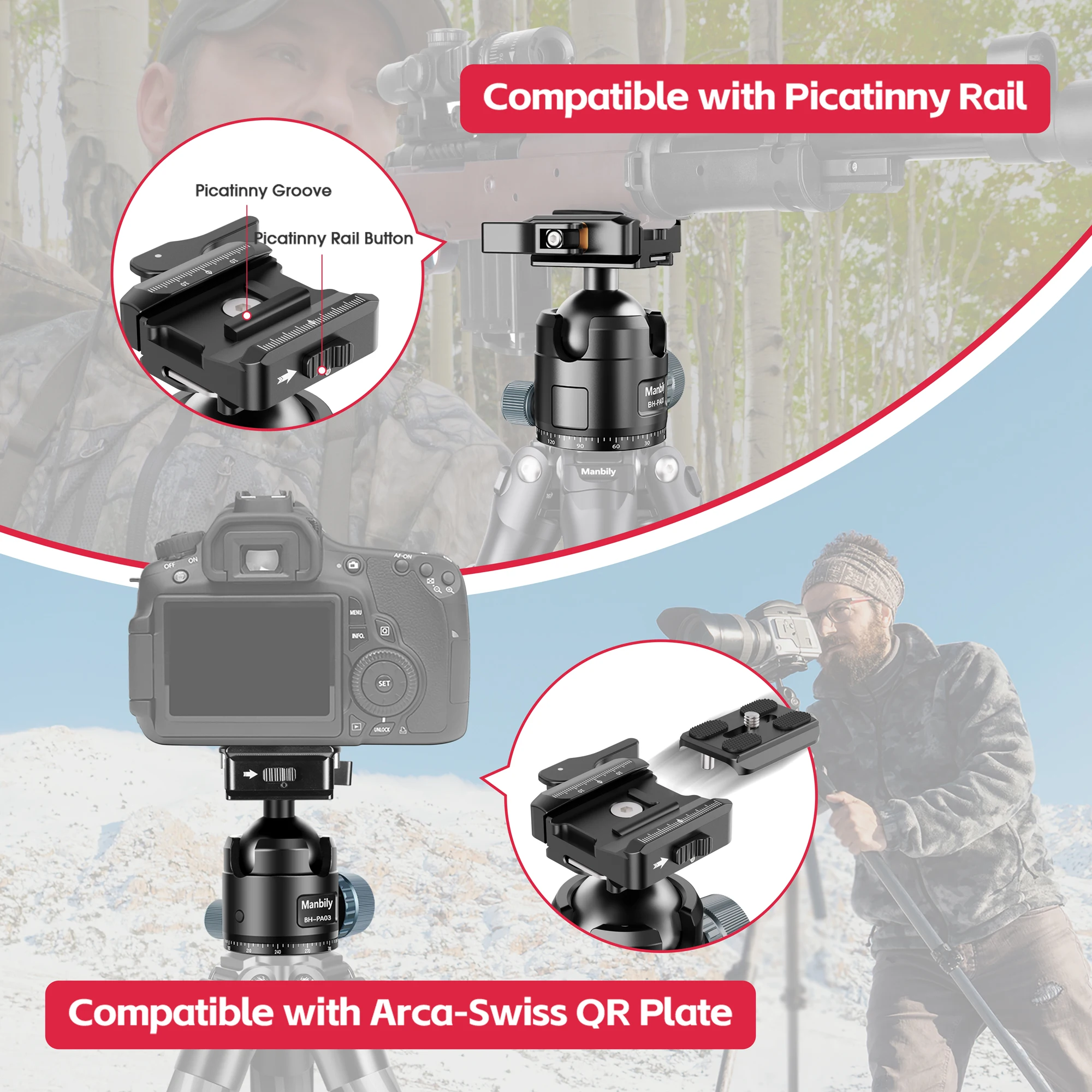 Manbily Tripod Ball Head with Picatinny to Arca-Swiss Adapter for Hunting Shooting Tripod DSLR Camera 44mm Low Profile BH-PA03