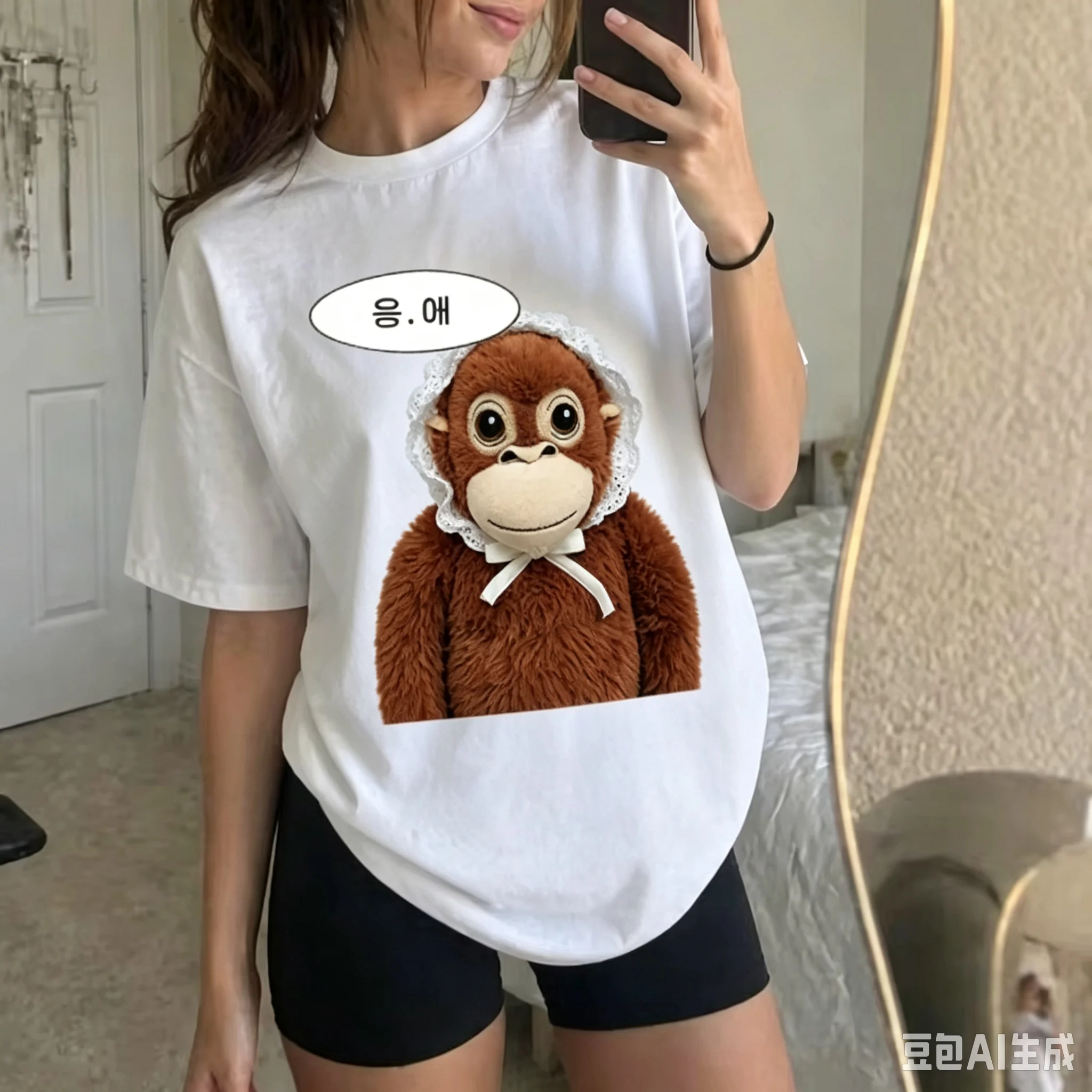 2026 New Korean Style T‑Shirts, Cute Plush Monkey Korean Speech Bubble Print, Mom Dad Kids Loose Short Sleeve Family Tops