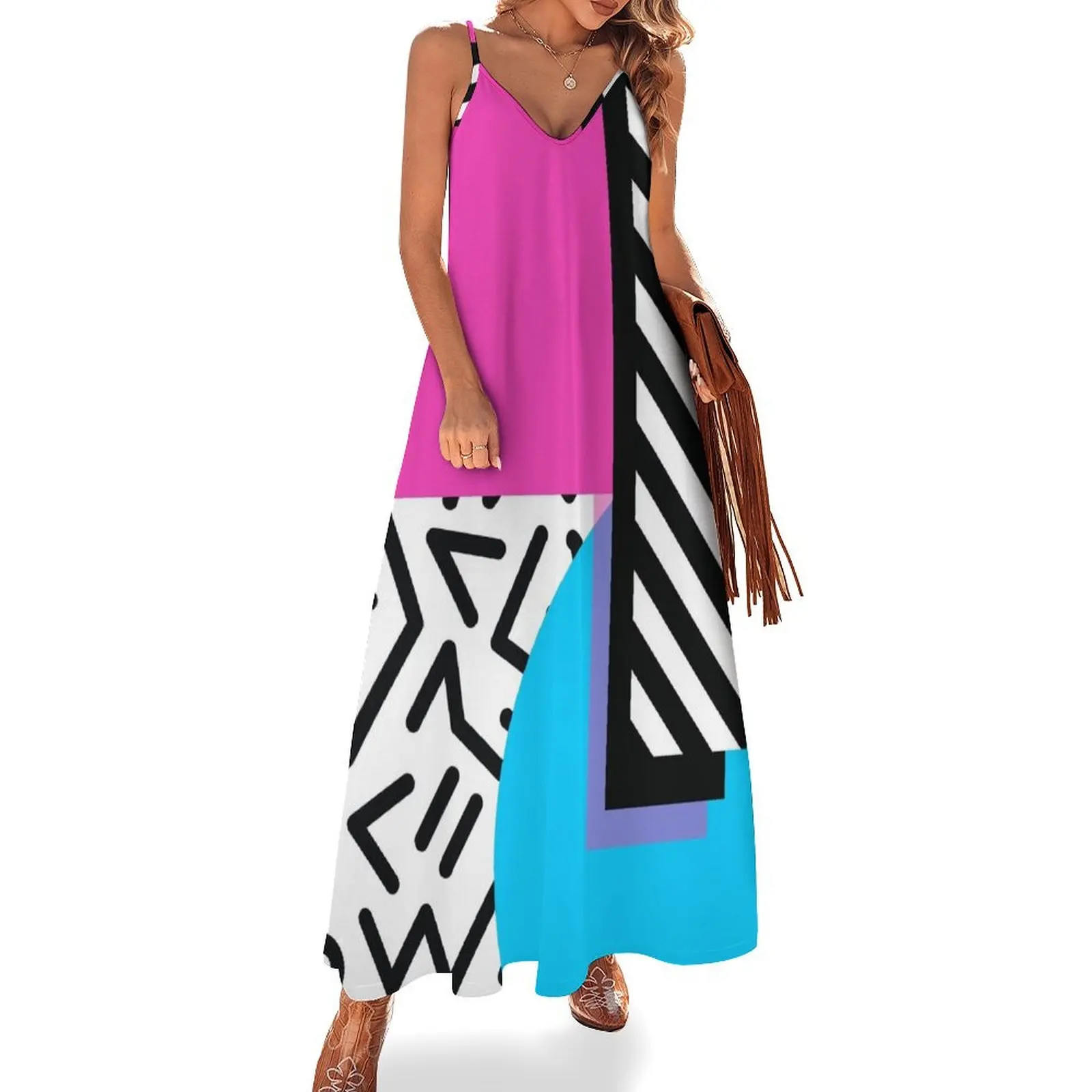 

Colorful Retro Memphis Abstract Sleeveless Long Dress dress for woman summer women's suit Clothing female Dress