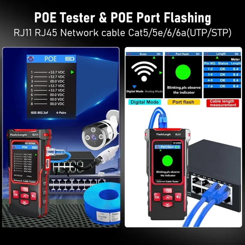 

NF-859GT Network Cable Tester with Optical Power Meter Dual Head Red Line Pen,for POE/RJ45RJ11CAT5 CAT6 CAT3 Tone Probe Ethemet