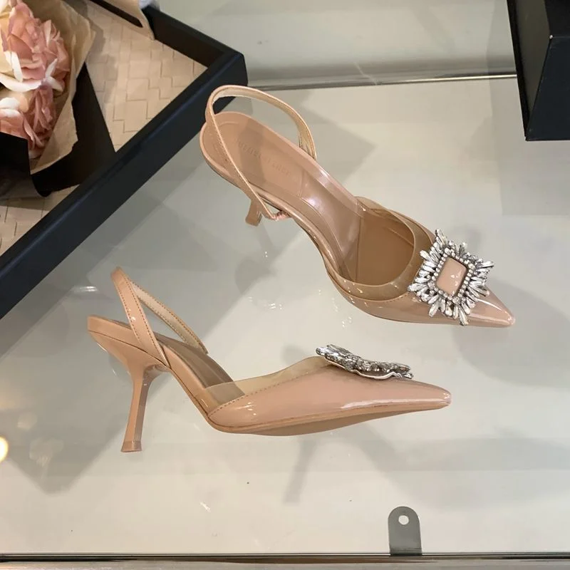 Brand Designer Silver High Heels Sandals Women 2025 Summer Crystal Square Buckle Sandals Woman Pointed Toe Slingbacks Party Shoe