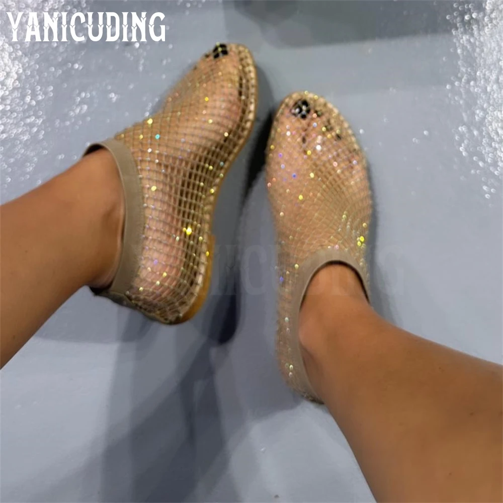 Veelkleurige Volledig Strass Mesh Sandalen Sexy Slip-On Zomer Sandalen Mode Hoge Hak Zomer Laarsjes Platte Sandalen Op Voorraad