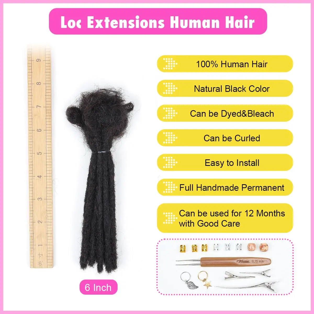 LOC-Extension de Cheveux Humains Naturels Noirs, Dreadlock en Continu, Fait à la Main, 100% Complètement, Peut Être Teint et Bouclé, Wiltshire, 6 Pouces, 30 Mèches