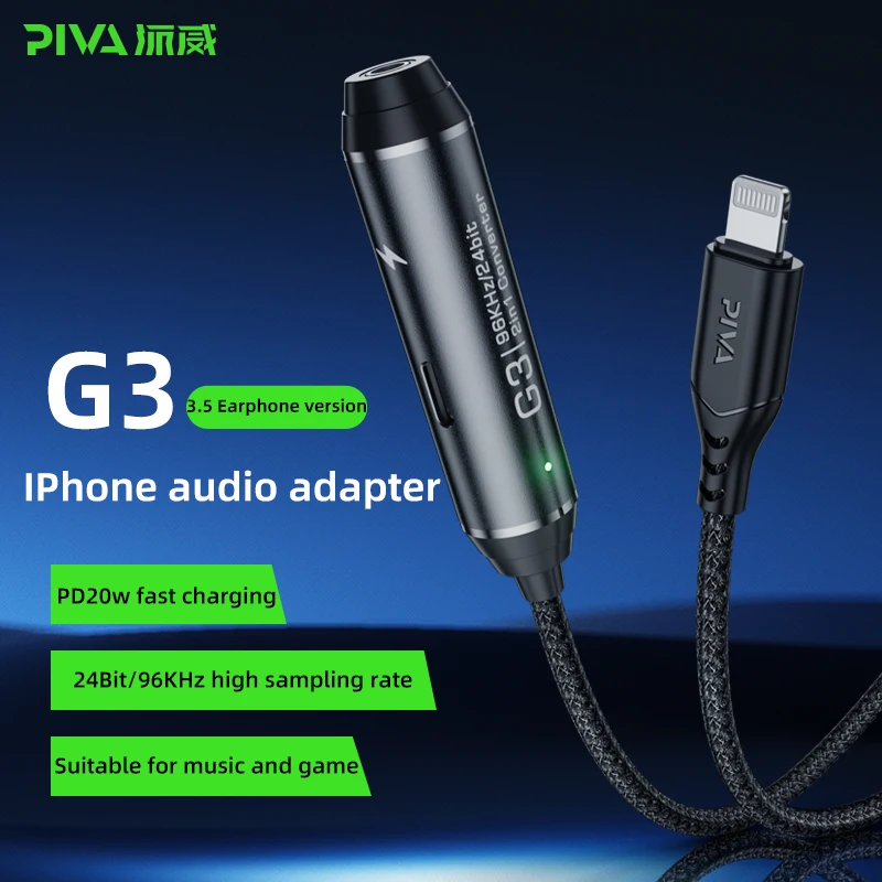 Piva 40cm Cable 2-in-1 Fast Charging Converter PD 20W DAC 24Bit/96Khz HIFI Audio Adapter Lighting to 3.5mm for Laptop