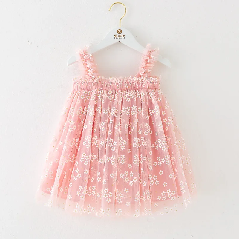 Fashion New Baby Girl Clothes Solid Colour Cute Suspenders Small Floral Mesh Baby Girl Dress Sweet Princess Skirt Party Dresses