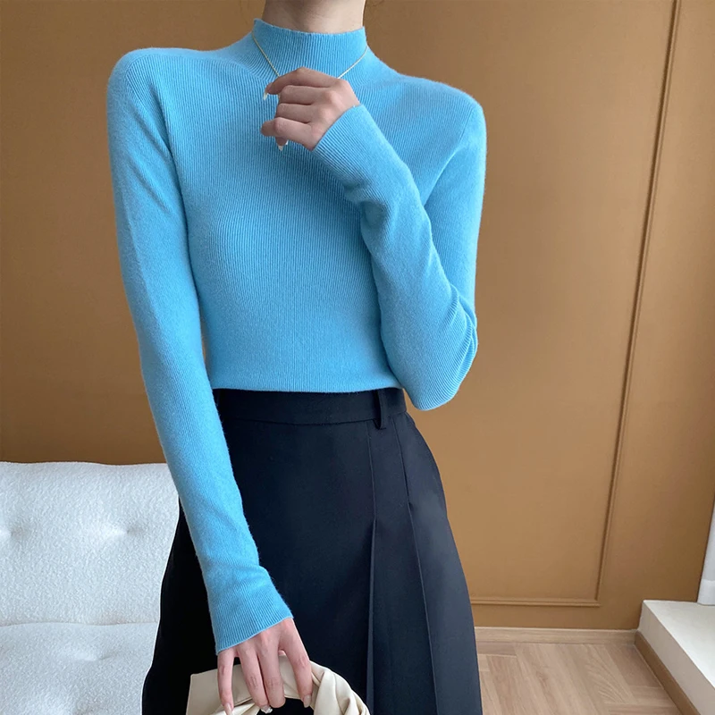 2024 Women Knitted Mock Neck Slim Body Sexy Sweater Long Sleeve Warm Pullovers Basic Tops For Women Sweater Pull Femme