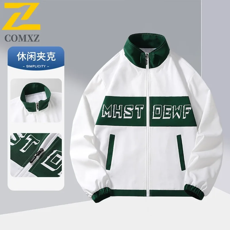 

COMXZ 2025 Premium Jacket Men New Stand Collar Color Block Coat Autumn Trendy Korean Style Slim Outdoor Casual Sport Windbreaker