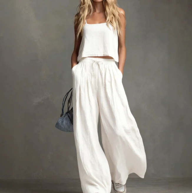 Two Piece Set Women Outfit 2026 Spring Summer New Solid Color Square Collar Sleeveless Camisole Top & Casual Wide Leg Pants Set