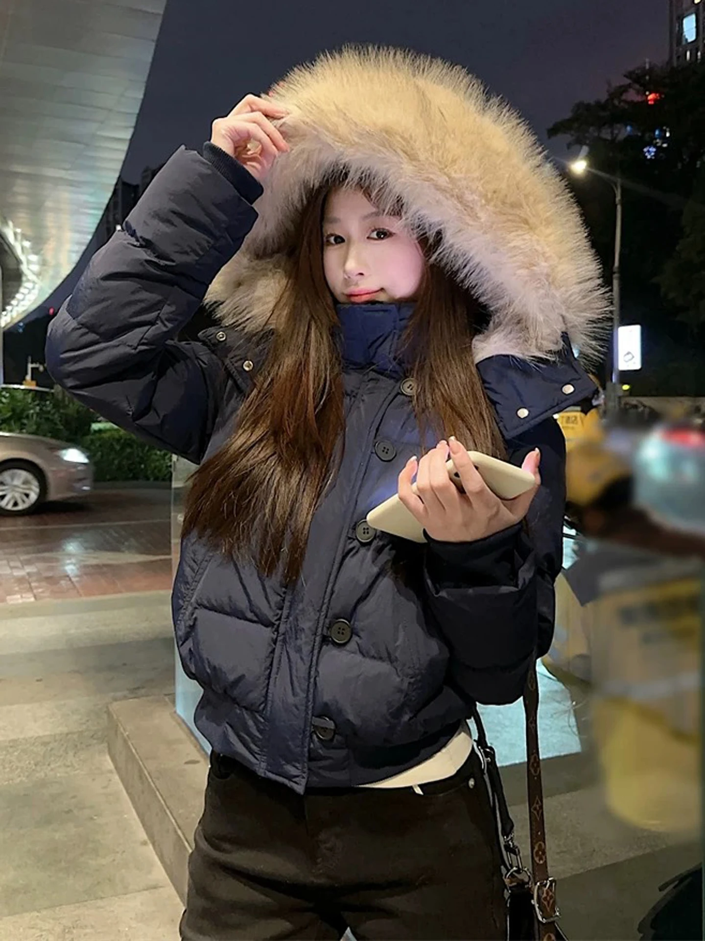 Or para mujer Puffer Jaet Invierno Slim Fit Cuello de piel blanca no caras Abrigo de algodón con capucha Ropa de abrigo Invierno Faion 2025 Nuevo A...