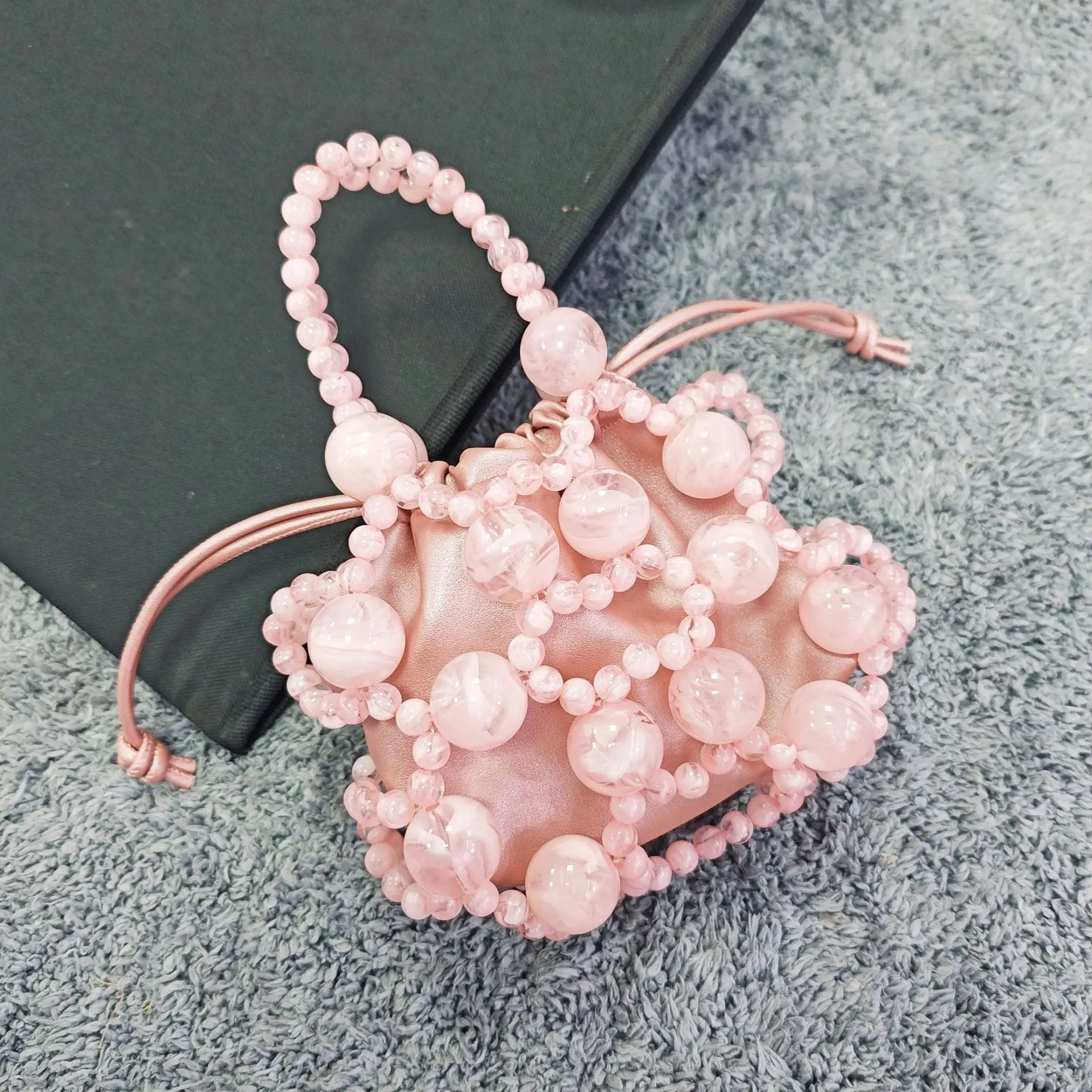 

Fine Handmade-Beading Drawstring Bucket Bag for Women Fashion Gold Silver Khaki Black Small Mini Shoulder Bag Daily Party Clutch